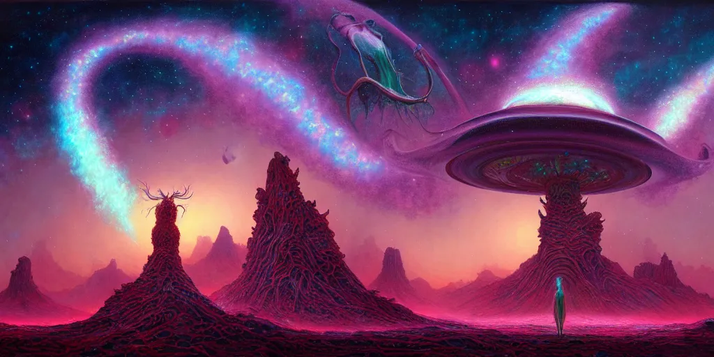 Image similar to of a beautiful digital photorealistic painting of a large alien shrine life and death surrounded by mystic nebula magical rosses by moebius and android jones, oil on canvas sharp, details, hyper - detailed, hd, hdr, 4 k, 8 k