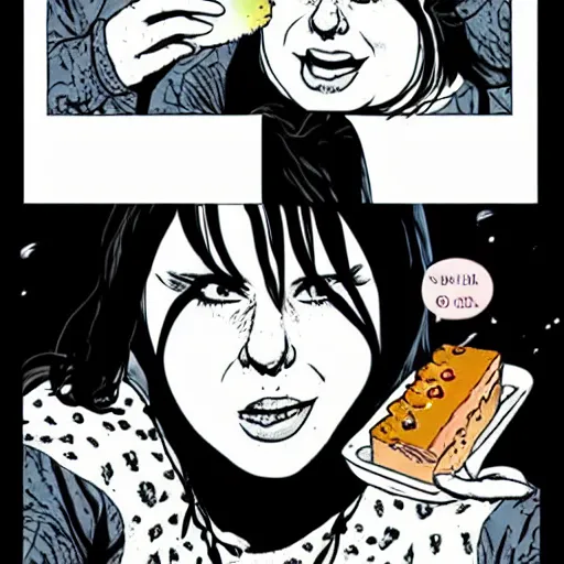 Image similar to Obese Billie Eilish eating cake in the style of Sandman comic