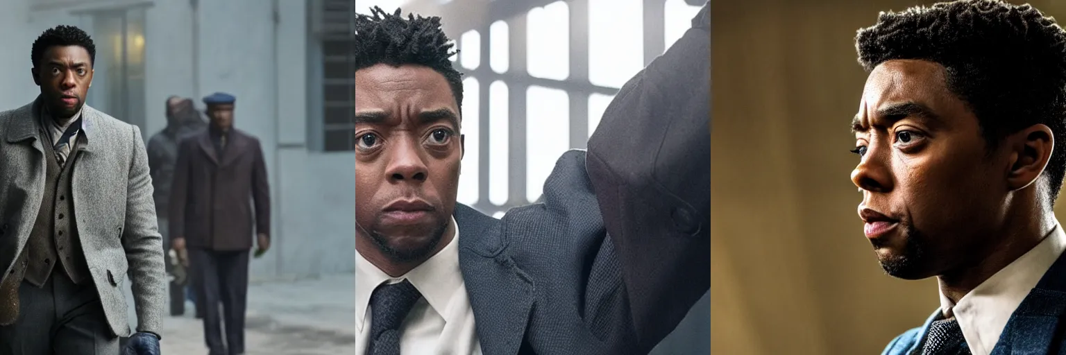 Prompt: close-up of Chadwick Boseman as a detective in a movie directed by Christopher Nolan, movie still frame, promotional image, imax 70 mm footage