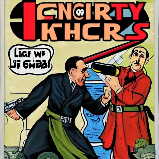 Image similar to comic book of angry jews with lightsabers and adolf hitler accurate eyes high detail