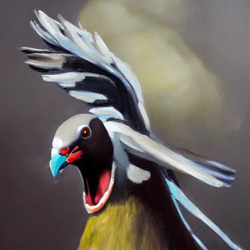 Prompt: a dramatic painting of a fierce attack pigeon