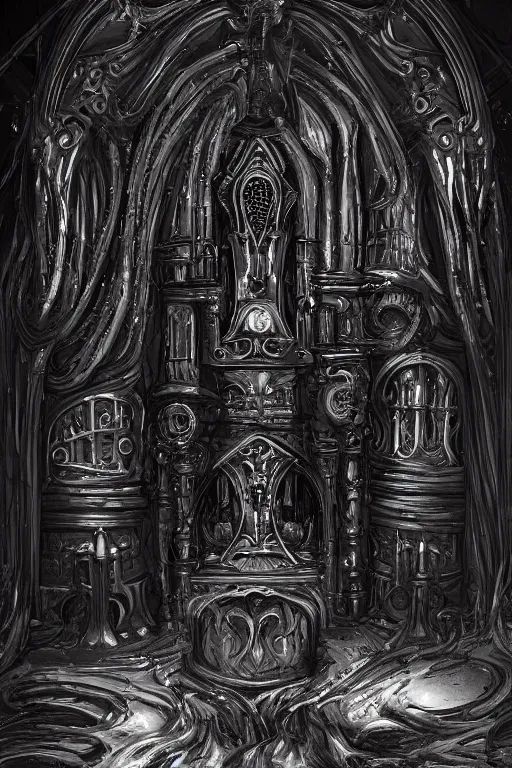 Image similar to ornate stone pipe organ drenched in black goop and machinery, lovecraftian, horror art, 4K, dark art, artstation, dramatic lighting,