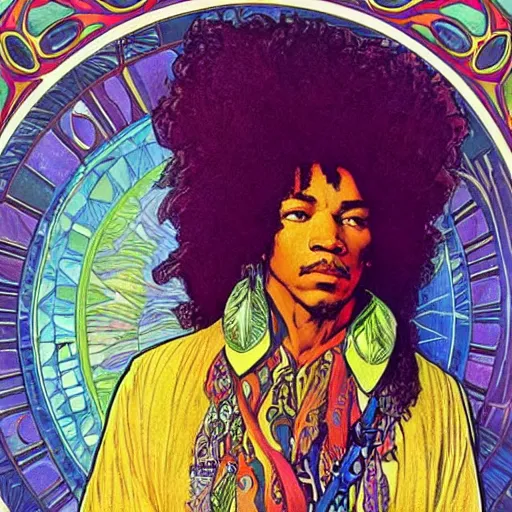 Image similar to colorfull artwork by Franklin Booth and Alphonse Mucha showing a portrait of Jimi Hendrix as a futuristic space shaman