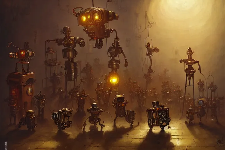 Image similar to steampunk robots dancing by otto dix and greg rutkowski and andreas rocha, cinematic lighting, highly detailed, 4 k