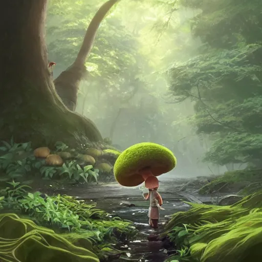 Image similar to a tiny mushroom person with a mushroom for a head walking by a stream in a lush forest. cgsociety masterpiece, artstation trending, by rossdraws, ghibli, Kimi no Na wa, greg rutkowski