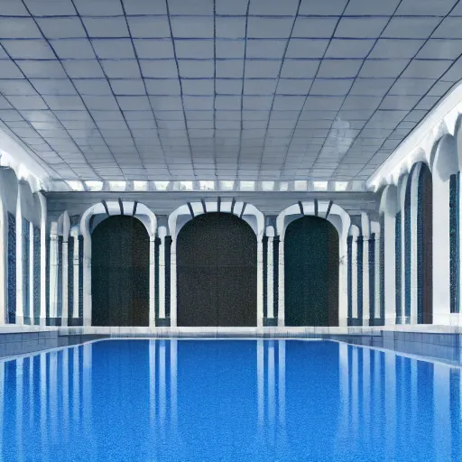 Prompt: a very large empty pool, liminal space, white and blue ceramic tile ceiling, symmetrical centered view, octane render, sharp focus, very coherent