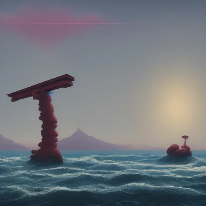 Image similar to a beautiful painting of a torii at sea by simon stalenhag and zdzisław beksinski and rene magritte and greg rutkowski, in style of digital art. hyper detailed, sharp focus, soft light. unreal engine 5. ray tracing. trending on artstation