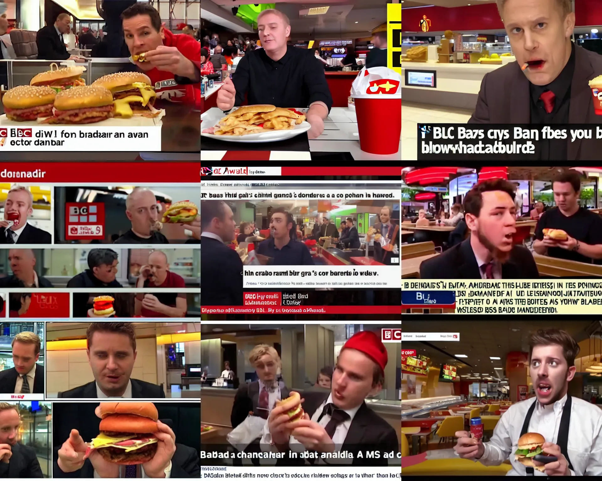 Prompt: bbc news, captions, a bad guy eating hamburger in the macdonald.