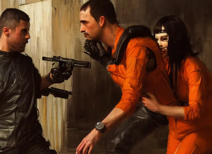 Image similar to Maria defeats sgt Nash. Cyberpunk hacker in orange jumpsuit fighting menacing police troopers (blade runner 2049). beautiful face. Orientalist portrait by john william waterhouse and James Gurney and Theodore Ralli and Nasreddine Dinet, oil on canvas. Cinematic, hyper realism, realistic proportions, dramatic lighting, high detail 4k