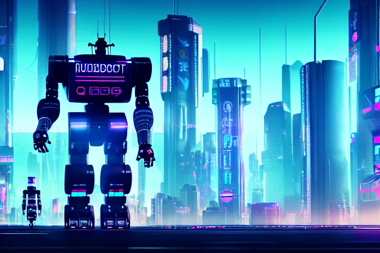 Prompt: a cute big robots in at cyberpunk city. super realistic 8 k render of a elegant, cinematic composition