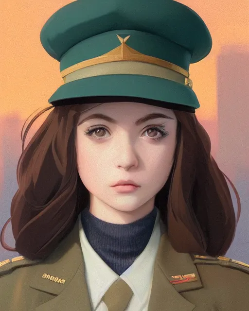 Image similar to symmetrical portrait bust of young woman with shoulder length light brown hair and hazel eyes dressed in a sharp dark teal military uniform and beret, blurred city background in twilight lighting, ilya kuvshinov, anime, greg rutkowski, guweiz, ross tran, artstation trending, artgerm, concept art, digital painting, painterly