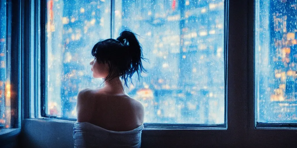 Prompt: beautiful over the shoulder photograph of a woman with dark-blue hair sitting in a bedroom next to a window on a rainy night, outside are neon lights from a busy city, award winning photo, artstation, atmospheric, high detail 1024