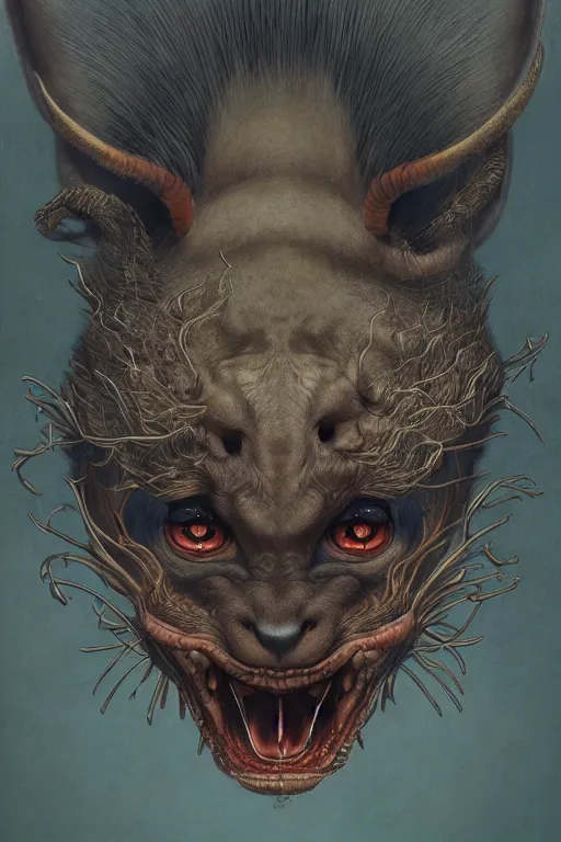 Image similar to a portrait of a symmetrical japanese devil animal illustrated by miyazaki by karol bak, james jean, tom bagshaw, rococo, sharp focus, trending on artstation, cinematic lighting, hyper realism, octane render, 8 k, hyper detailed, vivid, ultra detailed, highly detailed