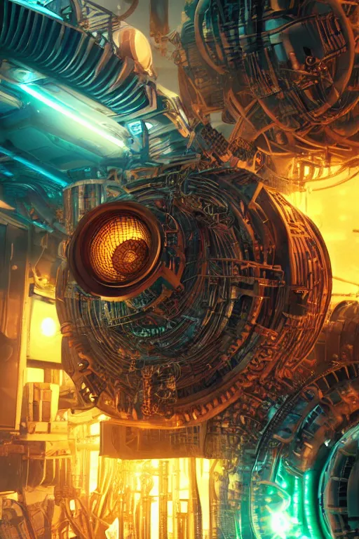 Image similar to a movie poster, name tripmachine, photo of a huge futuristic steampunk generator inside a steampunk machinery, 8 k, fluorescent colors, halluzinogenic, multicolored, exaggerated detailed, 3 d render, octane