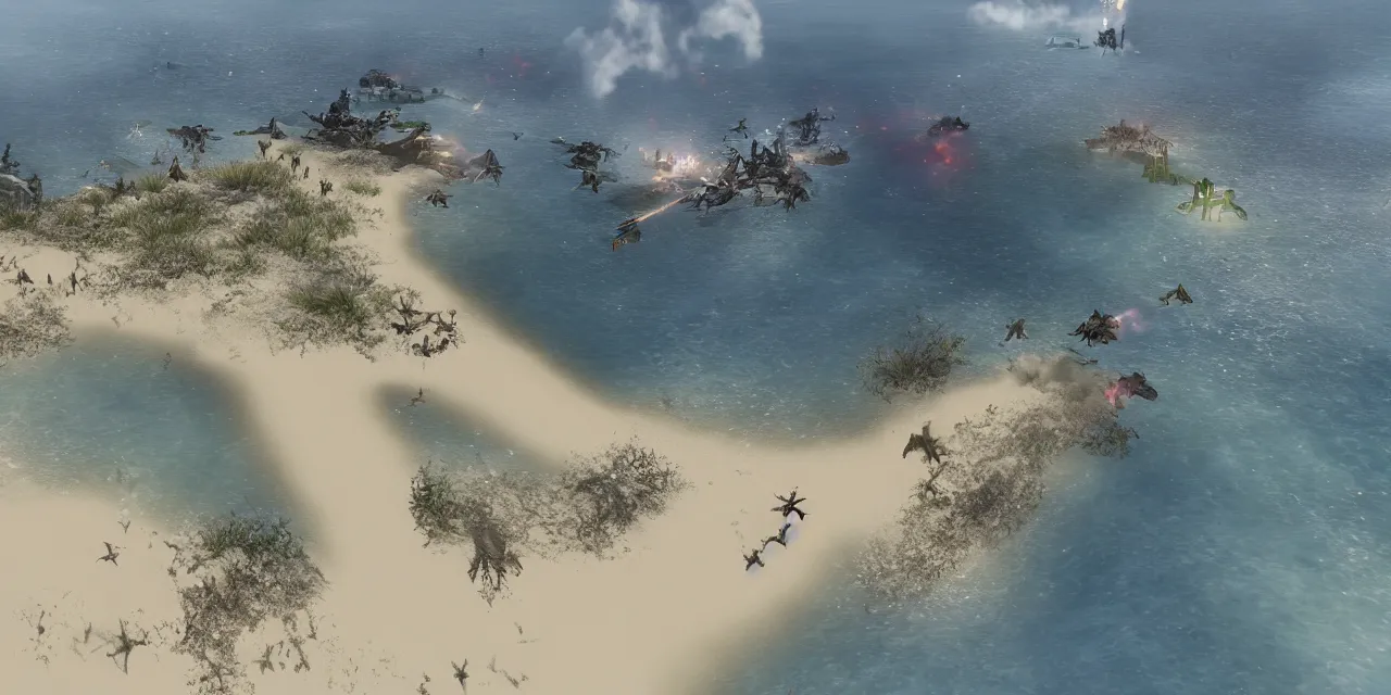 Image similar to fantasy d-day beach landing, realistic, explosions, cinematic, dragons, unreal engine