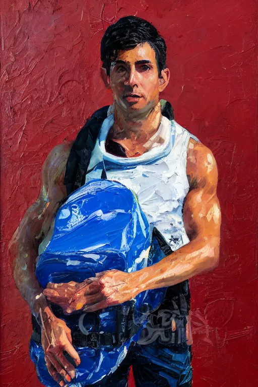 Image similar to palette knife oil painting portrait of juan delamar, a lean, dark haired young man of below average height, carrying a duffel bag with swin gear. blank, quiet, numb, extreme detail, artstation trending, artgerm, any racial background, deviant art, octane, substance, art history 8 k