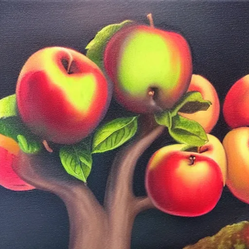 Image similar to anthropomorphized apples taking bites of tiny people that are growing on trees, oil painting, fantasy