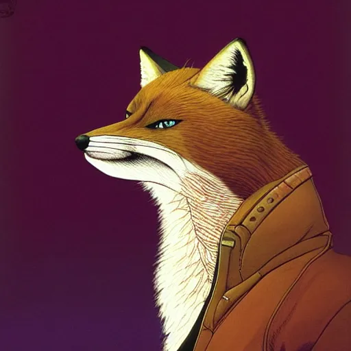 Image similar to a portrait of fox mccloud by peter elson, furry art : he is looking to the side, profile, with a sci fi city background by syd dutton