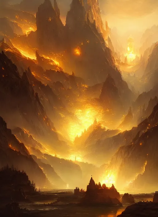 Image similar to a fantasy golden city smoulders, embers fly, epic atmosphere, by greg rutkowski, nature by asher brown durand, composition by yoshitaka amano