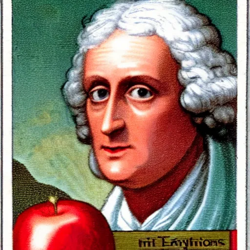 Prompt: mint condition topps rookie card trending on ebay of Isaac Newton inventing calculus while holding a red apple