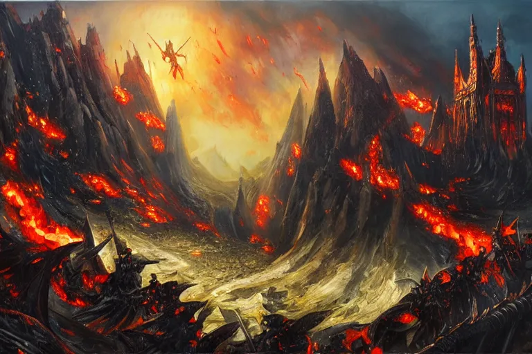 Prompt: oil painting mordor with dragons flying and knights fighting,