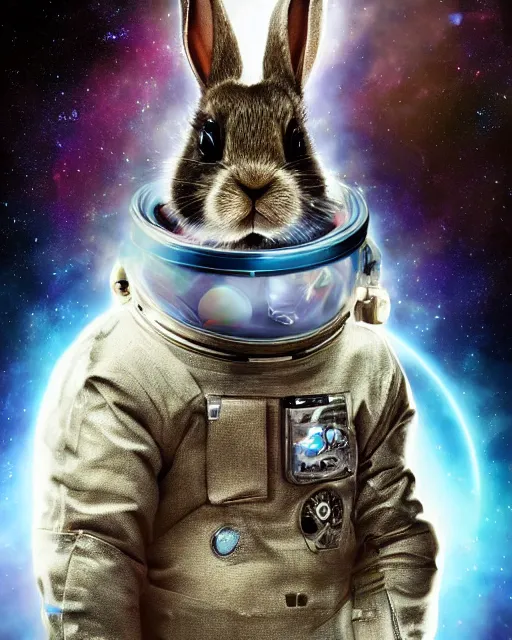 Image similar to portrait of a rabbit wearing a space suit after eating 3 mg of lsd dof hdr art by aleksi briclot and alexander'hollllow'fedosav and laura zalenga