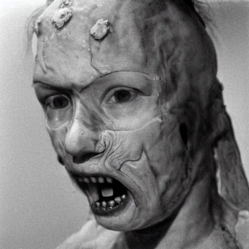 Image similar to real life sentient and composed irradiated person with acute radiation sickness flaking, melting, rotting skin 1950s nuclear wasteland black and white award winning photo highly detailed, highly in focus, highly life-like, facial closeup taken on Arriflex 35 II, by stanley kubrick