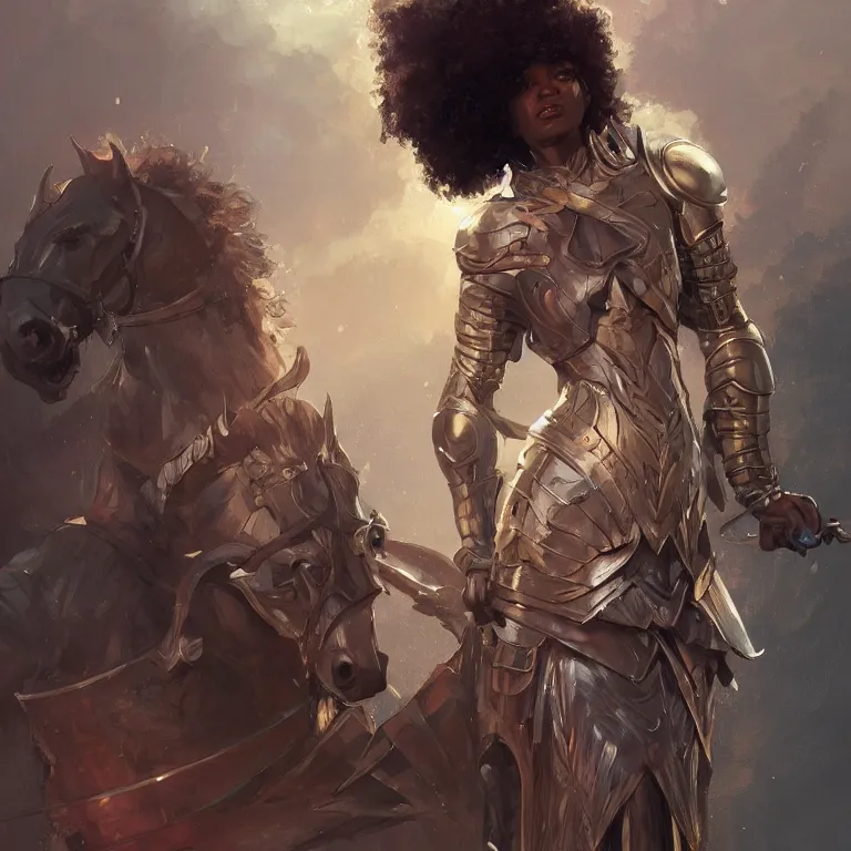 Prompt: portrait of a black female knight, D&D, fantasy, highly detailed, digital painting, artstation, smooth, sharp focus, illustration, art by artgerm and greg rutkowski and alphonse mucha