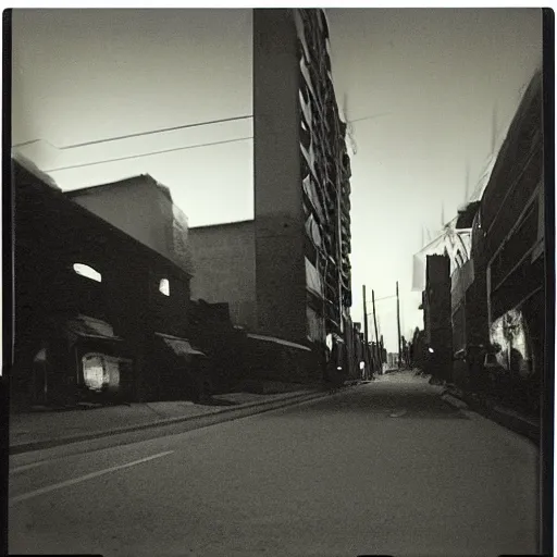 Prompt: A polaroid of aa street with no one on it but a horrifying creature. Black and white, grainy, dark colors, cinematic lighting, hyper detailed.