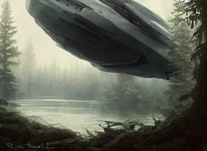 Image similar to a spaceship emerging from a lake, forest by Raoul Vitale and Greg Rutkowski