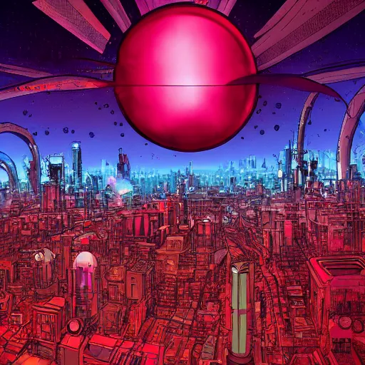 Prompt: adularia, apocalyptic spherical explosion, city, akira art style, pink, red, beams of light