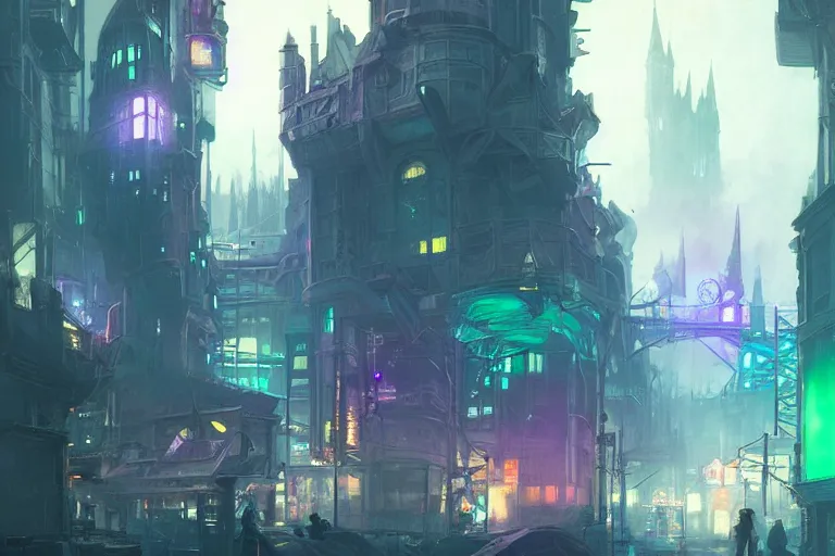 Image similar to Hogwarts cyberpunk city, neon lighting, night city, digital art from artstation by Ruan Jia and Mandy Jurgens and Artgerm and william-adolphe bouguereau and Greg Rutkowski and Wayne Barlowe