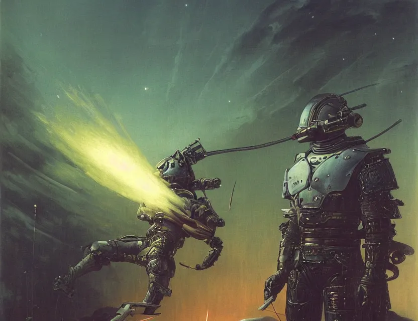 Prompt: a detailed portrait painting of a bounty hunter in combat armour and visor standing inside his ship. cinematic sci-fi poster. Flight suit and wires, accurate anatomy. Samurai influence, fencing armour. portrait symmetrical and science fiction theme with lightning, aurora lighting. clouds and stars. Futurism by beksinski carl spitzweg moebius and tuomas korpi. baroque elements. baroque element. intricate artwork by caravaggio. Oil painting. Trending on artstation. 8k