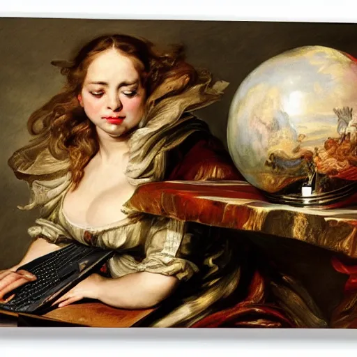 Image similar to heavenly summer sharp land sphere scallop well dressed lady working on her laptop auslese, by peter paul rubens and eugene delacroix and karol bak, hyperrealism, digital illustration, fauvist, laptop, laptop