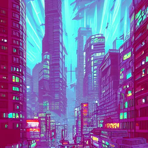 Prompt: digital painting of a cyberpunk city by Dan Mumford, trending on Artstation, hyperdetailed