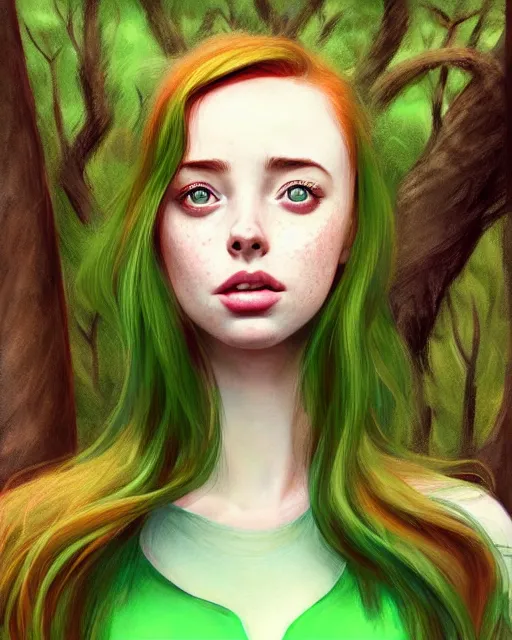 Prompt: realistic character concept, gorgeous Kacey Rohl, red hair, small freckles, symmetrical face, symmetrical eyes, green dress, forest, trees, shorter neck, cinematic lighting, artgerm, Joshua Middleton, Adreas Rocha, beautiful