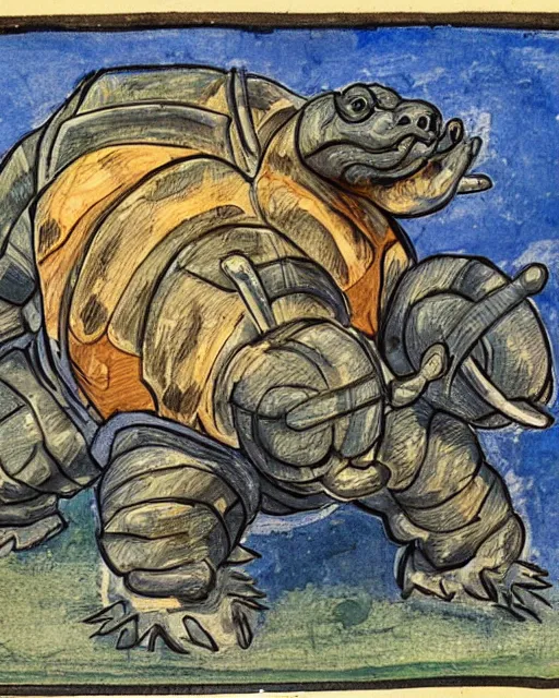 Image similar to a manuscript painting of Blastoise in the style of the Rochester Bestiary, Ashmole Bestiary