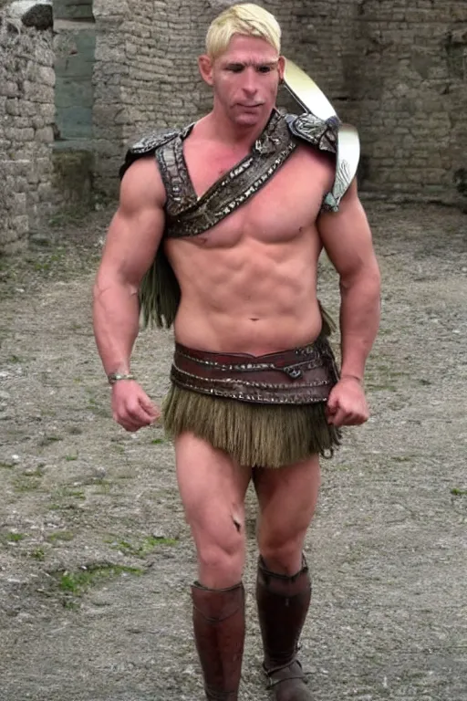 Prompt: sneering roman legioneer, blonde short hair. big muscles. by Everyone.