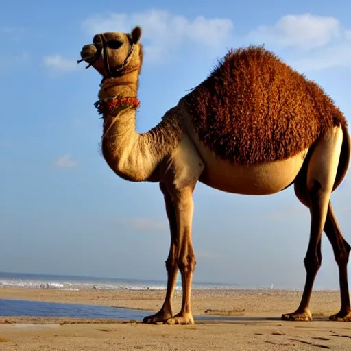 Image similar to a three legged camel at the seaside