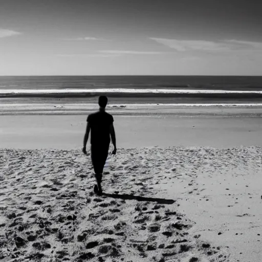 Prompt: Documentary film, long shot, one man walking on the beach, cinematic tone.