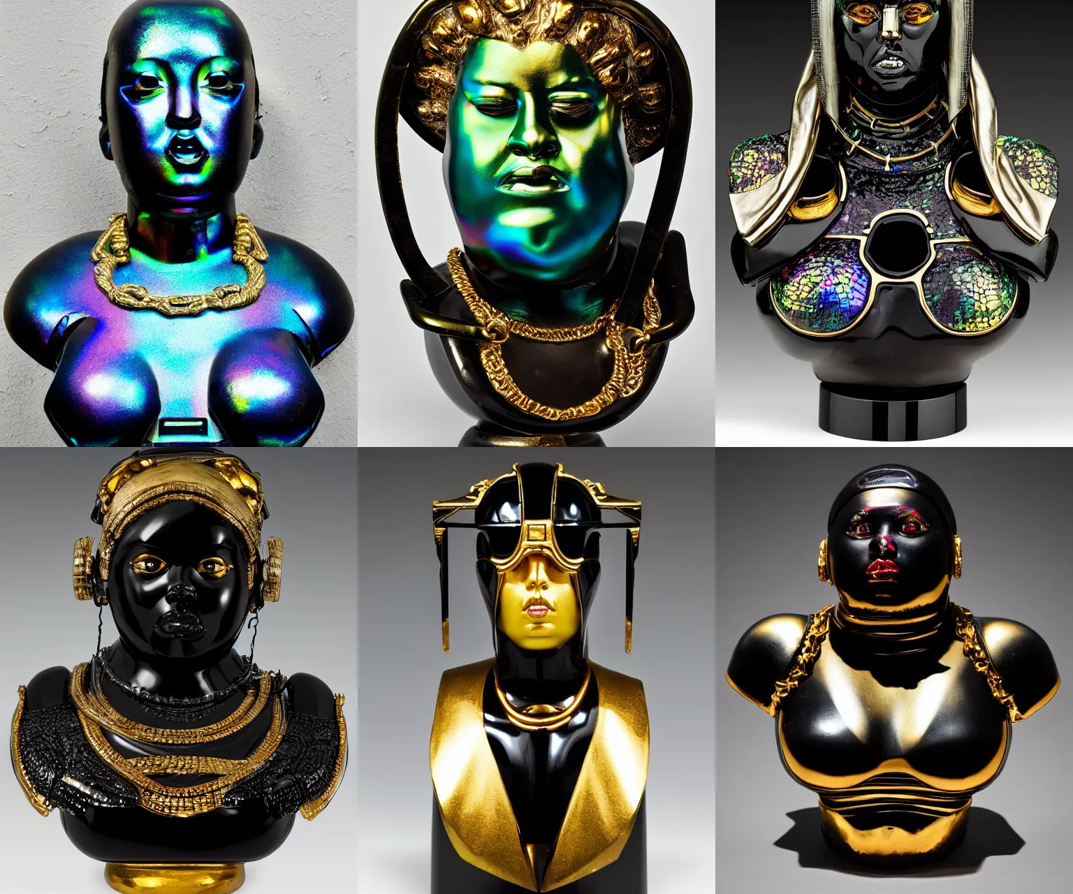 Prompt: iridescent tanslucent onyx and gold bust of angry futuristic obese cyborg young black empress, museum piece, chromatic distortion