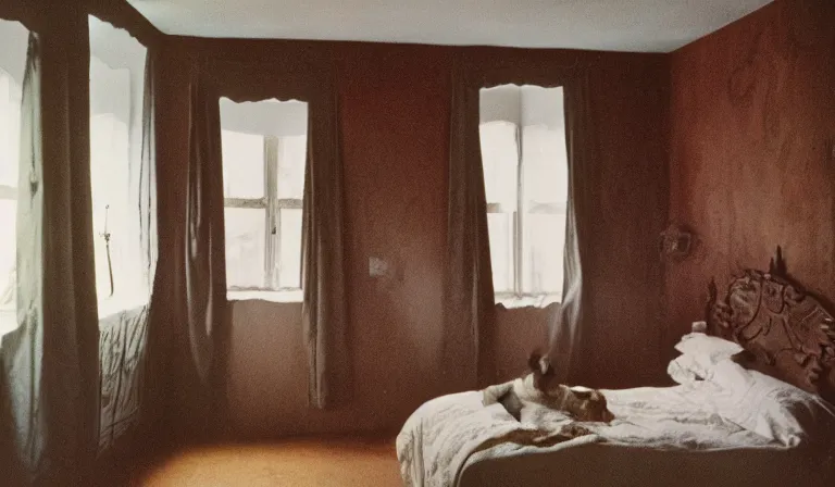 Prompt: A bedroom designed by Leonora Carrington, 35mm film, long shot