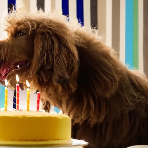 Image similar to large brown shaggy dog blowing out a birthday cake, photorealistic, 3 5 degree shot, movie still, 4 k, 1 2 0 mm focus
