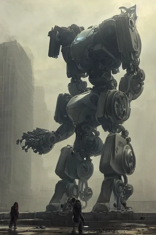 Prompt: a large mech robot is comforting a lost child in the city, diffuse lighting, strong imagery, highly detailed, by Greg Rutkowski, Sung Choi, Johnson Ting, Maxim Verehin, Peter Konig, final fantasy, Marco lense, photorealistic 8k, cinematic lighting, HD, high detail, atmospheric, trending on artstation
