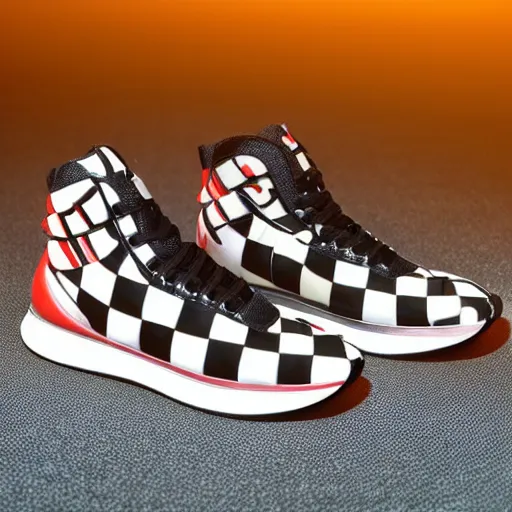 Prompt: sport shoes with checkerboard pattern, product photo, studio lighting, highly detailed