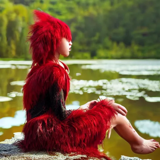 Image similar to Young Harpy-Girl, red feathered wings, wearing Inka clothes, sad expression, sitting at a pond, mountainous area, trees in the background, digital art