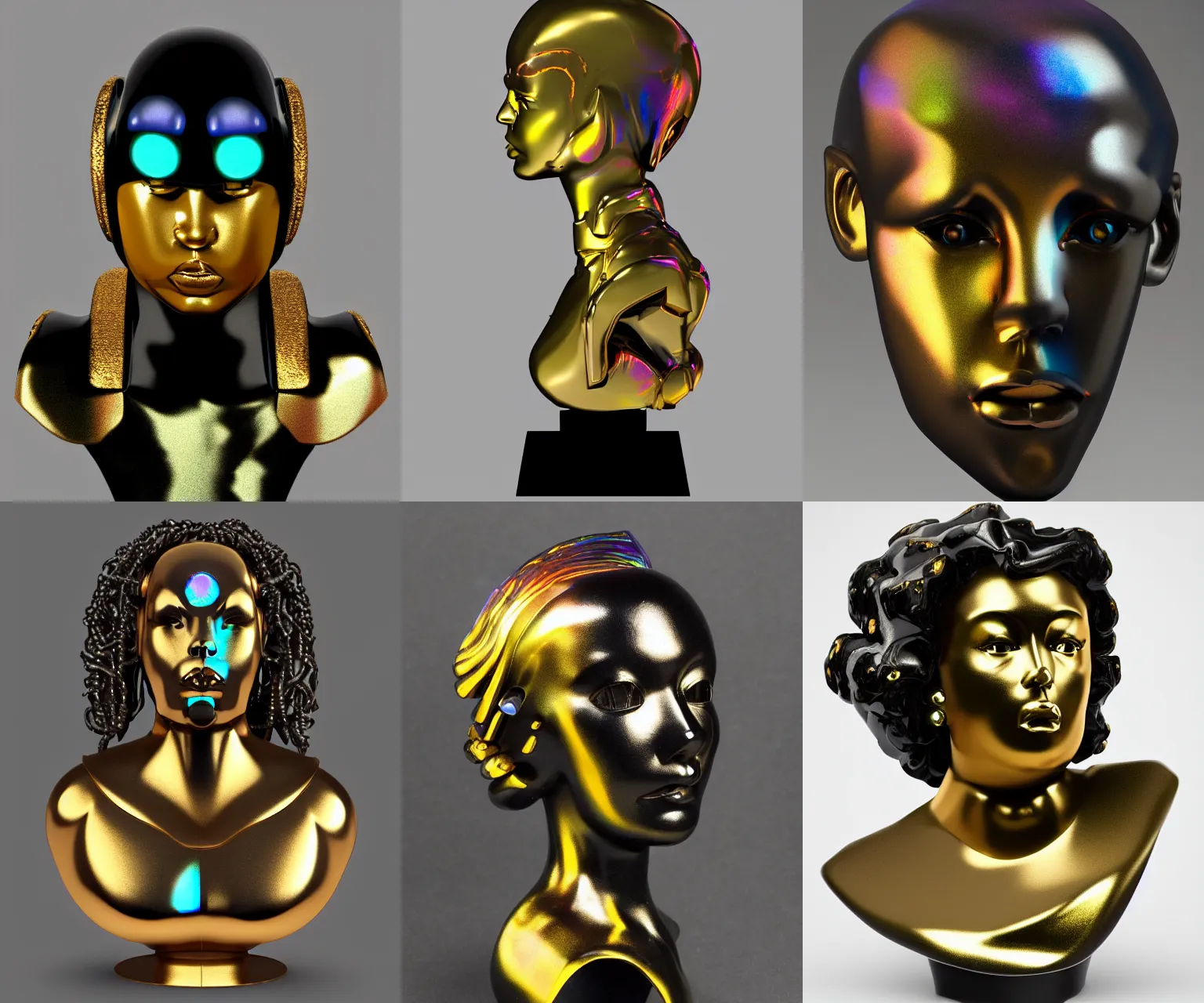 Prompt: iridescent onyx and gold bust of angry futuristic obese cyborg young black galactic empress, organic cyborg, subsurface scattering