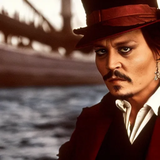 Prompt: johnny depp as the captain of the titanic, movie still, 8 k