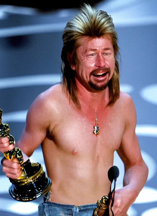 Image similar to a hyper realistic ultra realistic photograph of Joe Dirt winning an oscar, highly detailed, 8k photo