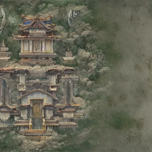 Image similar to top - down handpainted rpg map of a temple in the clouds, by greg rutkowski and afternoon maps, trending on artstation